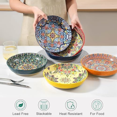 KitchenTour Pasta Bowls Set of 6-30 oz Large Wide & Shallow Serving