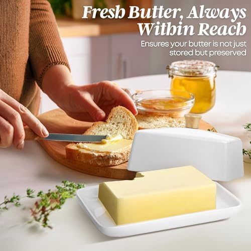 Flexzion Extra Large Ceramic Butter Dish with Lid, 8 Inch, White