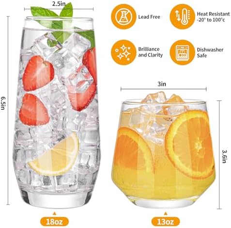 ZMOWIPDL Drinking Glasses Set of 8,Clear 13 oz & 18oz Crystal Glass