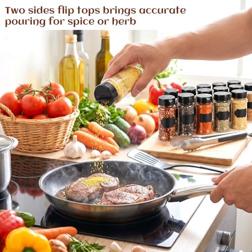 36 Pack 3 Oz Clear Plastic Spice Jars with Black Flip Lids and Labels