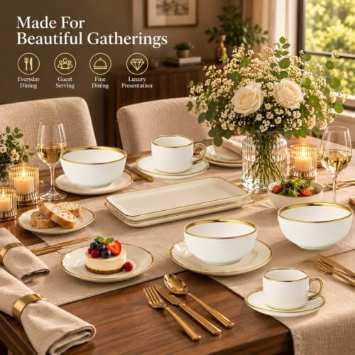 32-Piece Ceramic Dinnerware Set for 6, White Tableware Set with Gold