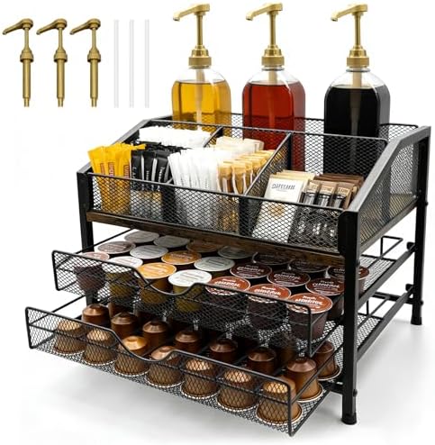 Coffee Bar Organizer with 3 Syrup Pumps, 3-Tier Coffee Station