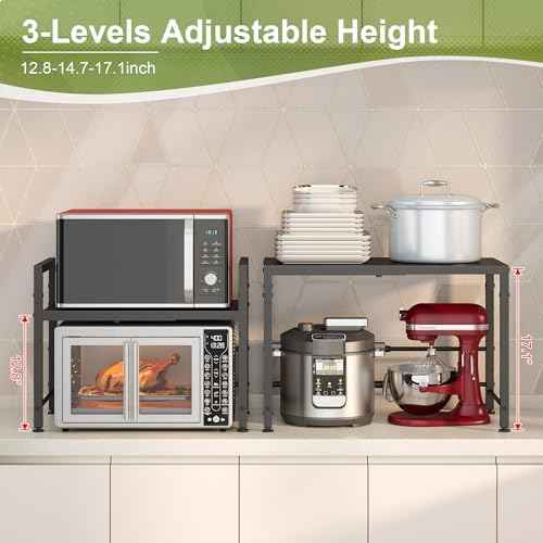 Expandable-Metal-Storage-Shelves-For-Pantry Kitchen Garage, 120lbs Heavy Duty Shelving Units For Small Appliance For Countertop Cabinets, Adjustable Shelf Organizer Riser Rack For Closet Warehouse