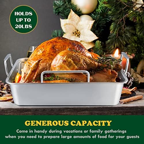 E-far Roasting Pan, 16 x 11.5 Inch Stainless Steel Turkey Roaster with