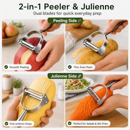 2-in-1 Julienne Vegetable Peeler, Stainless Steel Y Peeler with Dual