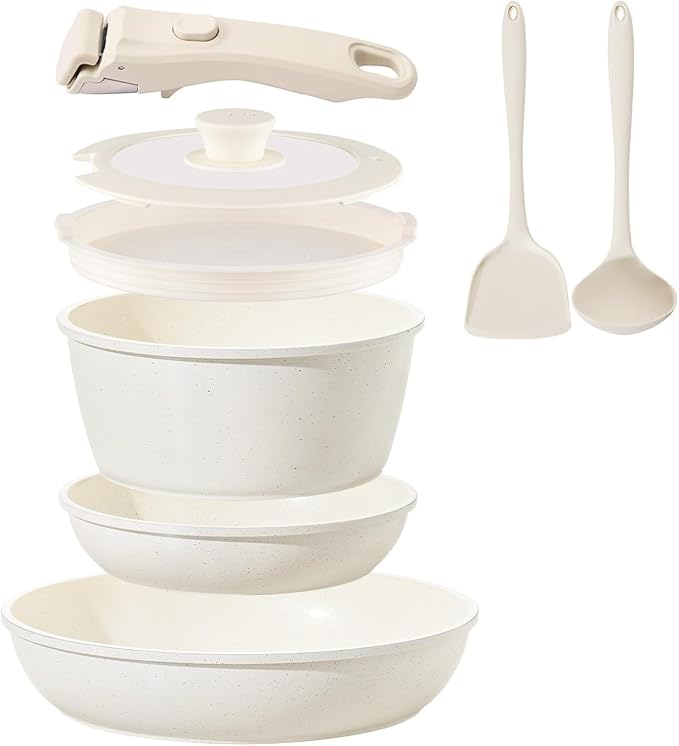 Ceramic Cookware Set Non Stick 8Pcs Pots and Pans Set Detachable Handle by COICUR
