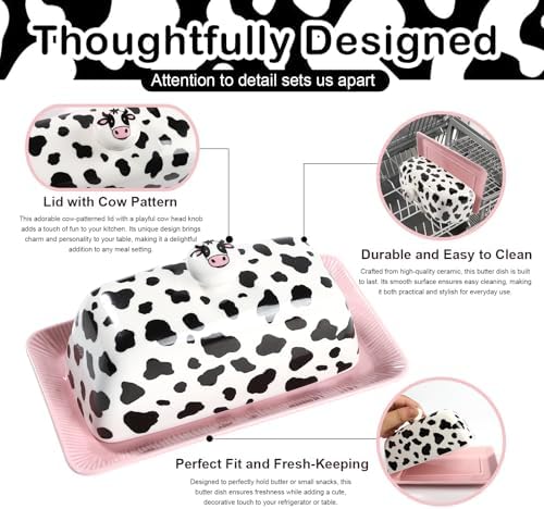 Cow Butter Dish With Lid for Countertop - Cute Funny Ceramic Cover