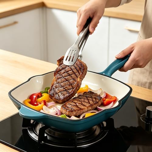 Enameled Cast Iron Steak Grill Pan, Square Skillet with Drip Spout, Oven-Safe & Stovetop Safe (Peacock Blue, 9.5 inch)