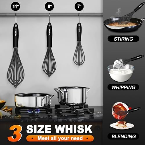 Walfos 3-Piece Silicone Whisk Set, Black