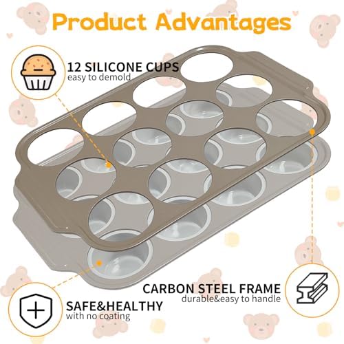 12-Cup Silicone Muffin Pan with Carbon Steel Frame, Non-stick Cupcake