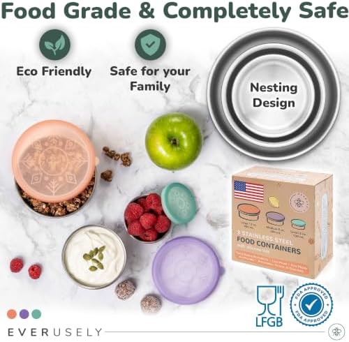 Stainless Steel Snack Containers, 3 Pack, Sorbet, Leakproof Silicone