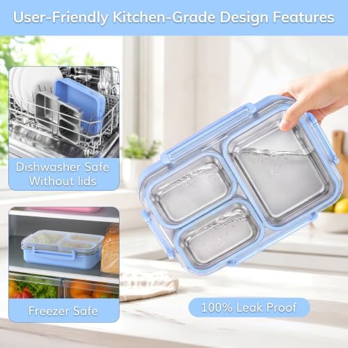 KHOXU Stainless Steel Lunch Box for Kids, Bento Box Adults, 28oz Blue
