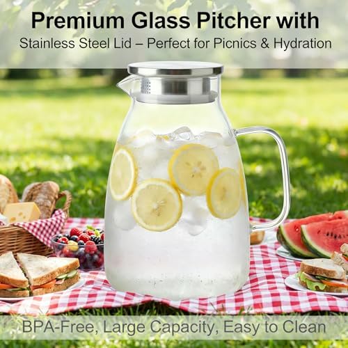 Glass Pitcher with Lid,1 Gallon Glass Water Pitcher, Iced Tea Pitcher