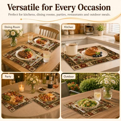 Linen Placemats Set of 6, Farmhouse Rooster Sunflower Floral