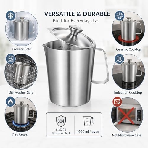 304 Stainless Steel Pitcher with Lid, 34 oz / 1L Metal Measuring Cup