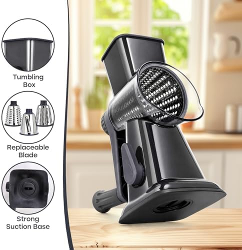 Rotary Cheese Grater, Hand Crank, 3-Blade