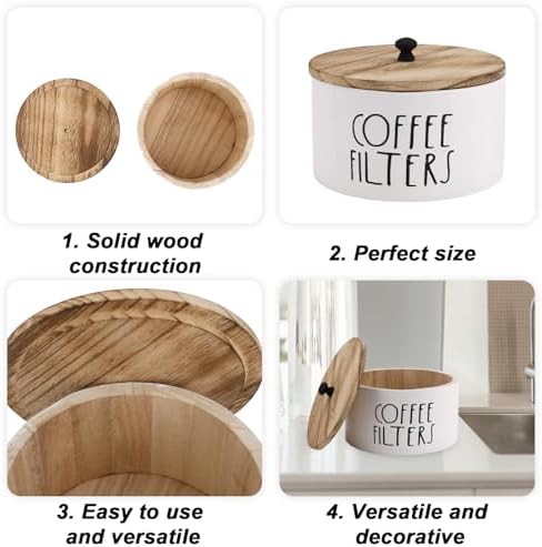 Penitue Round Coffee Filter Holder with Lid, Wooden Rustic Farmhouse