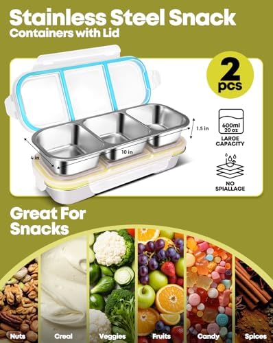 2 Pack Stainless Steel Snack Containers, 3-Compartment Bento Boxes for