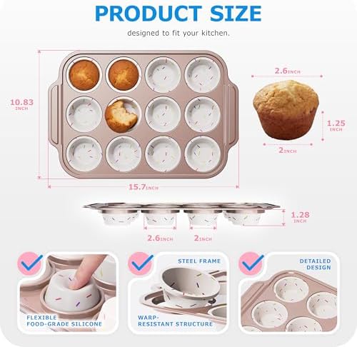 Silicone Muffin Pan for Baking with Metal Frame, 12 Cup Regular Size