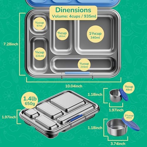 AOHEA Stainless Steel Bento Box Kids, Kids Metal Bento Lunch Box BPA