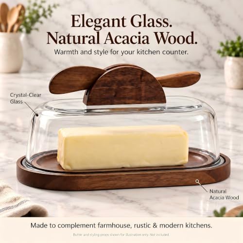 Glass Butter Dish with Lid & Knife, Acacia Wood Base