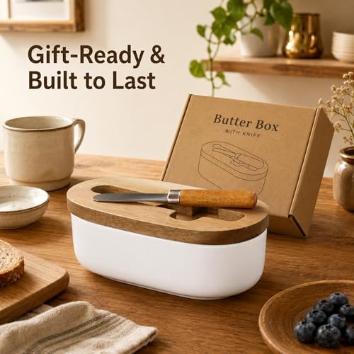 Butter Dish with Lid – Acacia Wood Cover & Ceramic Base, Butter Holder