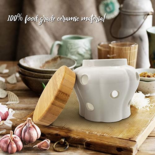Ceramic Garlic Keeper with Bamboo Lid, 550 ml Vented White Stoneware