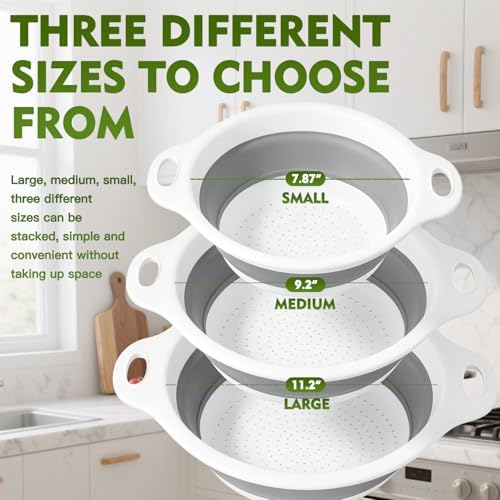 Collapsible Colanders Set, 3 Pack Food Strainers with Over-Sink Water