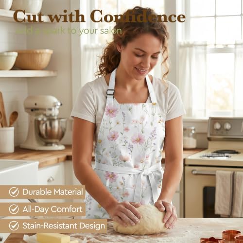 Pink Floral Apron for Women, Wildflower Kitchen Cooking Apron with
