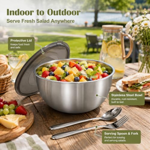 Salad Bowl Set, Stainless Steel Mixing Bowl with Lid, Dishwasher Safe