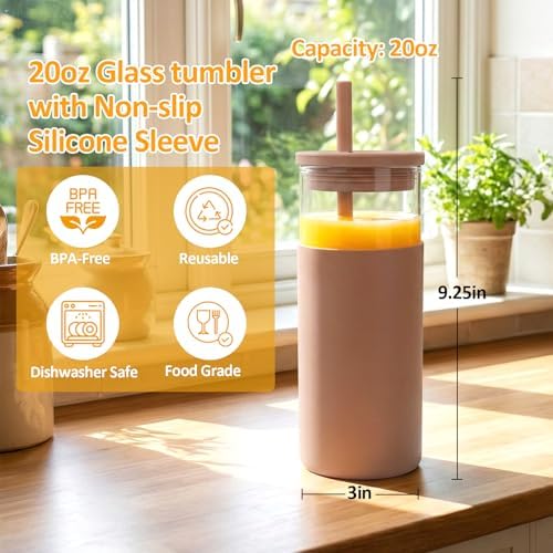 Tronco 20 oz Glass Tumbler with Lids and Straws, Reusable Iced Coffee