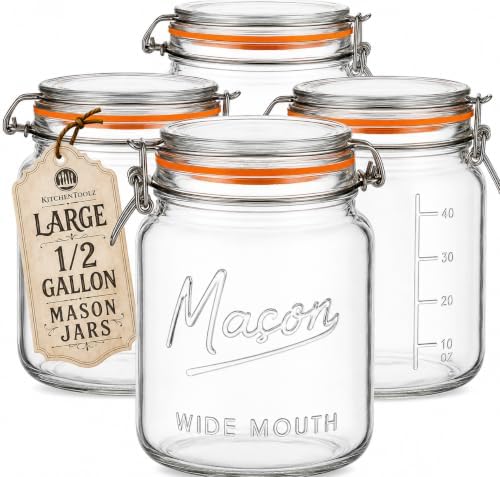 kitchentoolz Large Glass Mason Jars with Airtight Lids - Half Gallon