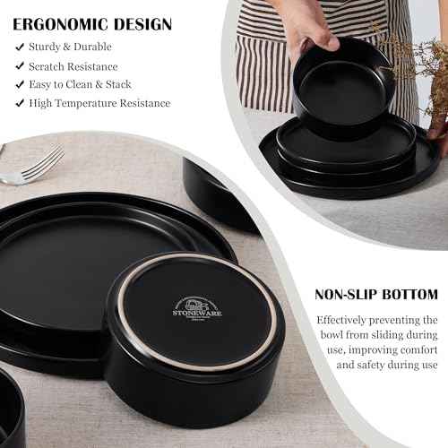 E-far Black Dinnerware Sets for 8, 24-Piece Stoneware Plates and Bowls Sets
