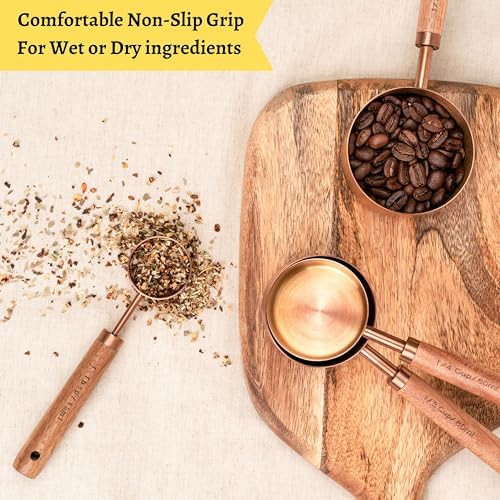 Copper Stainless Steel Measuring Cups and Spoons Set of 8, Wooden