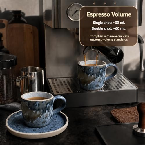 Pilnocok Ceramic Espresso Cups with Saucers Set of 2,2.5oz/75ml -Blue