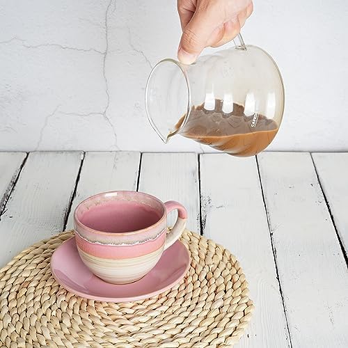 Bosmarlin Ceramic Cappuccino Cup and Saucer Set of 2, 10 Oz, Coffee