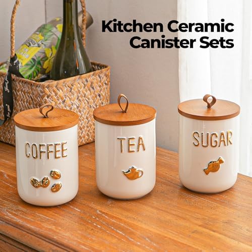 White Ceramic Canister Set for Coffee Tea Sugar, 3-Piece Food Storage