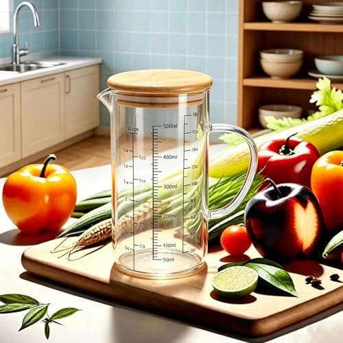 500ML Glass Measuring Cup with Bamboo Lid/OZ/Cup/ML Scales&V-Spout