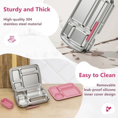 Stainless Steel Bento Lunch Box, 4 Compartments, Pink