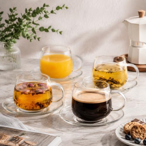 Tosnail 4 Pack Glass Cups and Saucers Set, 11 oz
