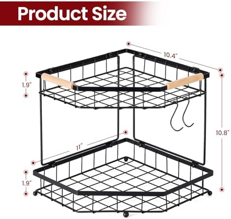 2 Tier Corner Fruit Basket for Kitchen Counter with Banana Hangers, Detachable Fruit Bowl with Wooden Handle, Metal Corner Rack for Fruit and Vegetable Storage, Kitchen Countertop Organizer