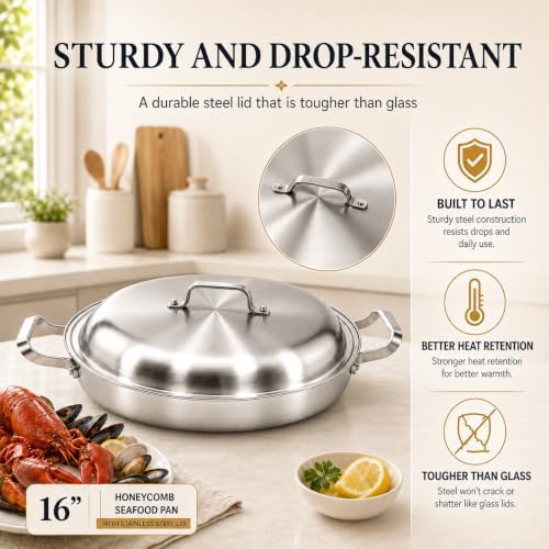 DELARLO 16 Inch Stainless Steel Nonstick Paella Pan with Lid