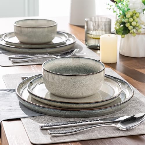 GBHOME Ceramic Dinnerware Sets for 8, 24 Pieces Stoneware Plates and Bowls Sets, Scratch Resistant Dishes, Dishwasher & Microwave Safe, Reactive Glaze-Green Wheat