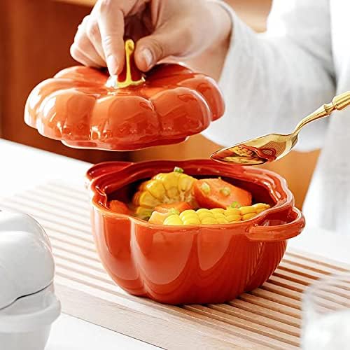 Pumpkin Bowl Set with Lid and Handle, Set of 4 Ceramic Ramekins for