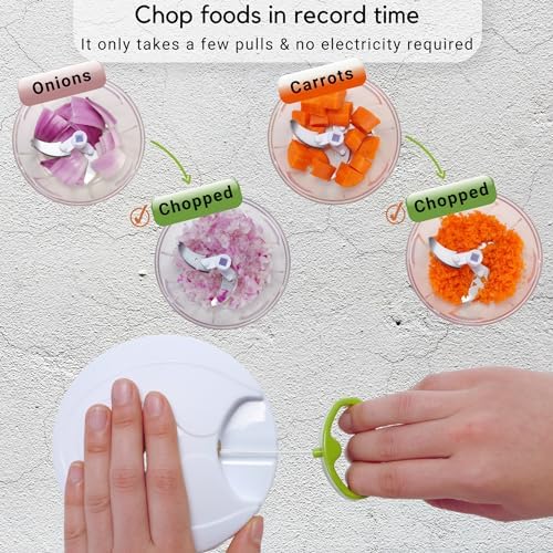 Brieftons Manual Food Chopper, Compact & Powerful Hand Pull Chopper Blender to Chop Onion, Garlic, Vegetables, Fruits, Herbs for Salsa, Salad, Pesto, Hummus, Coleslaw, Puree, Indian Cooking