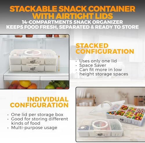 Stackable Snackle Box Container 2 Pack, 14 Compartments with 2 Drain