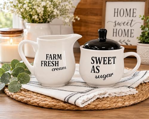 Set Sugar Bowl and Cream Server Holder Ceramic Black & White Farmhouse