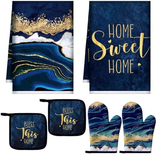 Bencailor 6 Pcs Blue Kitchen Towels, Oven Mitts and Potholder