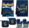 Bencailor 6 Pcs Blue Kitchen Towels, Oven Mitts and Potholder
