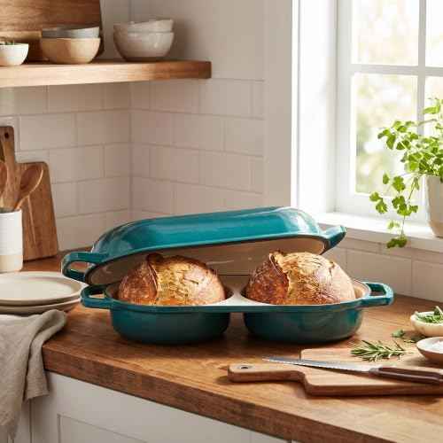 EDGING CASTING Enameled Cast Iron Double Bread Dutch Oven, Darkcyan